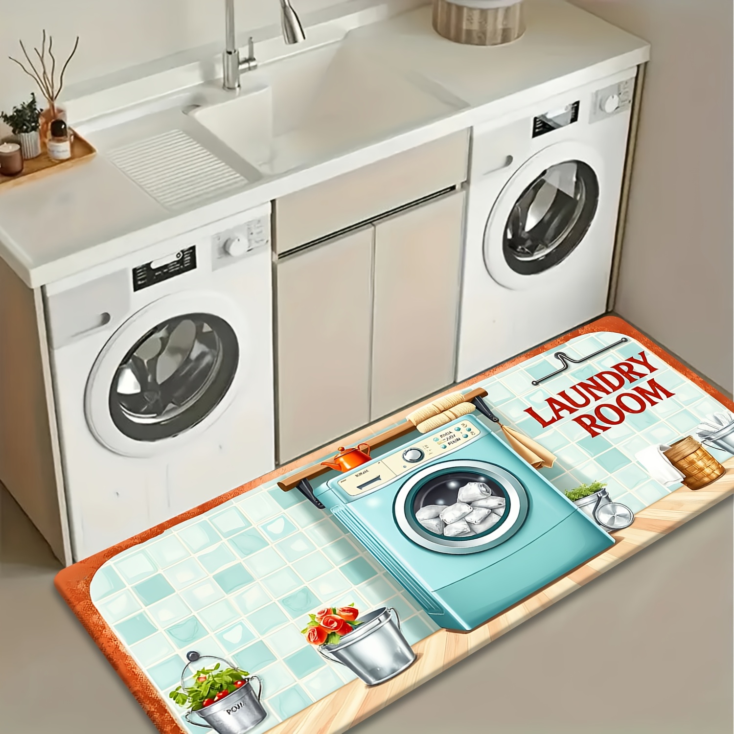 Commercial Kitchen Tile - พรมปูพื้นลายกระเบื้องย้อนยุค ทนทาน นุ่มสบาย เหมาะสำหรับห้องซักรีด ห้องครัว และตกแต่งบ้าน