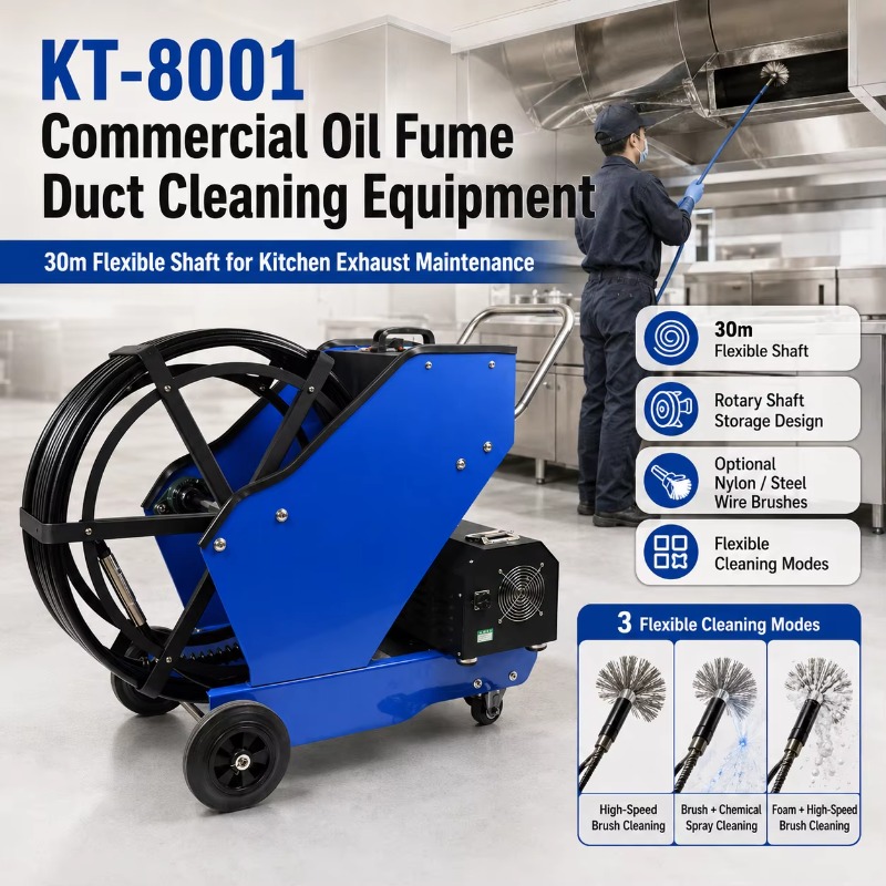 Commercial Kitchen Maintenance - KT-8001 อุปกรณ์ทำความสะอาดท่อดูดควันน้ำมันเชิงพาณิชย์ พร้อมเพลาแบบยืดหยุ่นยาว 30 เมตร สำหรับการบำรุงรักษาระบบระบายอากาศในครัว